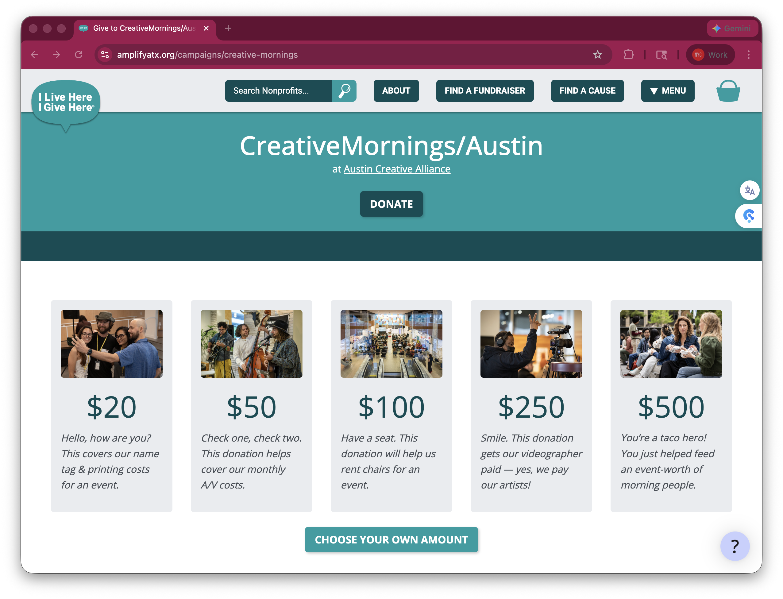 Screenshot of the AmplifyATX donation page for CreativeMornings/Austin at Austin Creative Alliance. A large teal banner reads &ldquo;CreativeMornings/Austin&rdquo; with a &ldquo;Donate&rdquo; button below. Five donation tiers are displayed with images and descriptions: $20 (covers name tag and printing costs), $50 (helps cover monthly A/V costs), $100 (helps rent chairs), $250 (pays the videographer/artists), and $500 (feeds attendees). A &ldquo;Choose Your Own Amount&rdquo; button appears at the bottom.