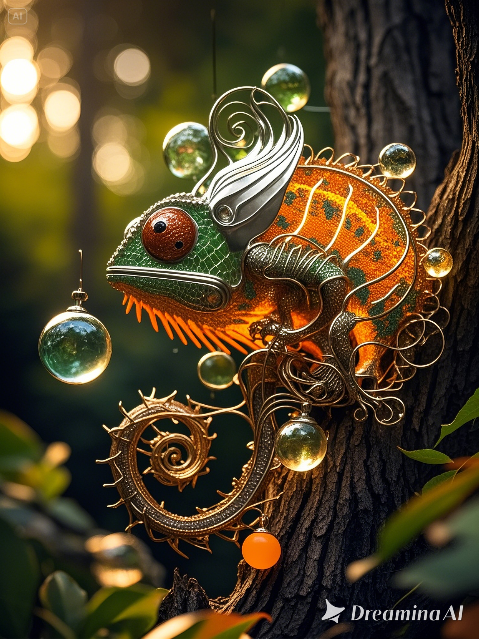4c9b2412 f193 49fa b417 f57ca27ead9b a cinematic shot of a highly mesmerizing abstract sculpture. a majestic chameleon made of thin metal... 2