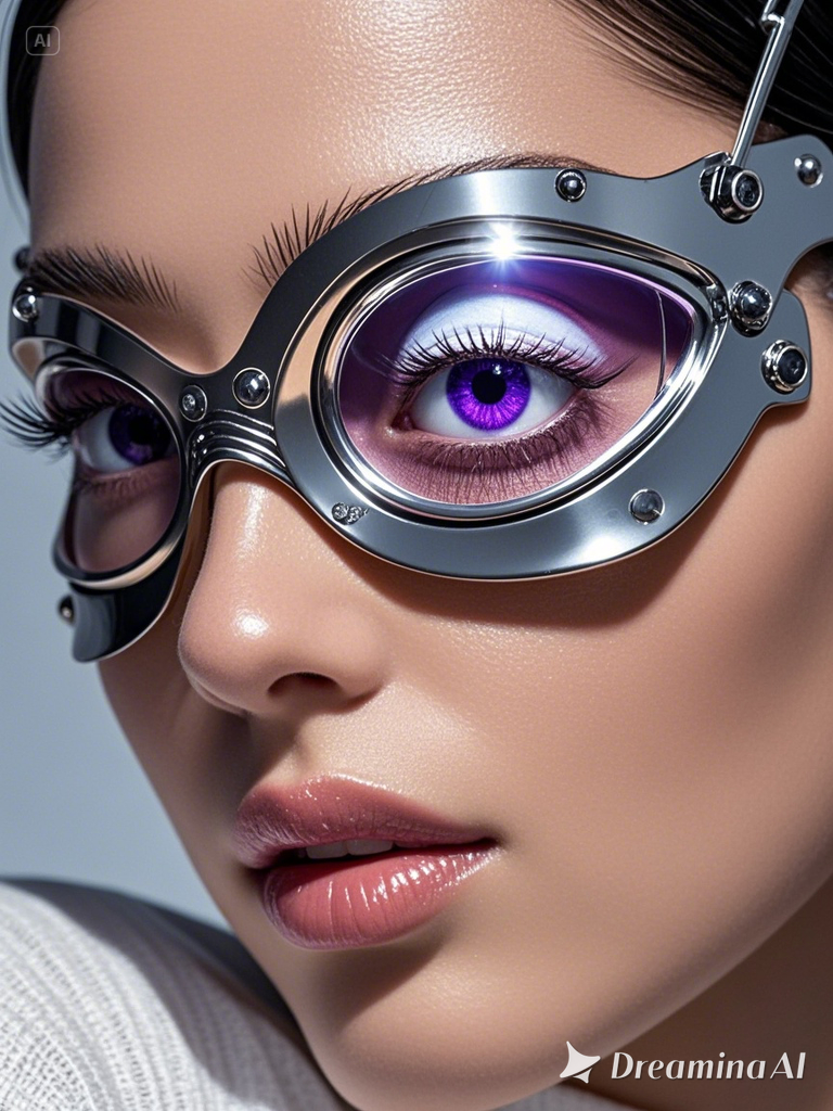 8e07a6d9 84c0 4c46 9336 5a0a24633fa8 woman with a cyber photo realistic eye  shiny metal  white eyelashes  purple pupils 