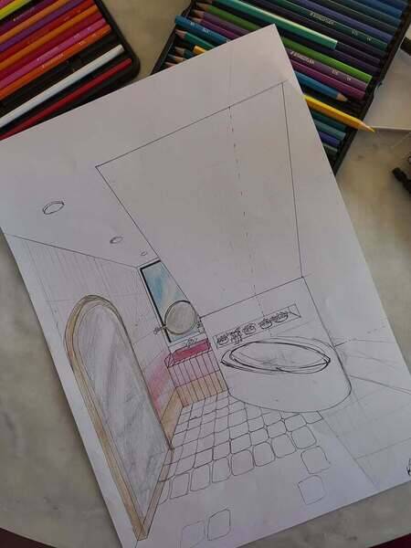 I’ve always loved interiors + creating by hand.

Recently, I’ve considered taking my passion for interiors seriously, looking into courses. Most of them are online, and I just don’t have the motivation to spend *more* time in front of a screen right now. 

So drawing by hand drawing made sense, it’s so relaxing.

Here’s a work in progress of my bathroom project to scale. A first attempt at one point perspective drawing since my school days! 🫣 

#analoginteriors #onepointperspectivedrawing #architecturaldrawing #releaseday2026