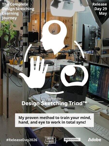 14 days until #releaseday2026 🫣

Still so much work to do, but I just completed another piece of the puzzle:

Introducing the Design Sketching Triad™—a holistic framework that unlocks creative superpowers, by purposely training and carefully layering it’s core components: the mind, the hand, and the eye.

Built on the content from 25 years of teaching design sketching classes and workshops I have used this new framework to create “the Complete Learning Journey for Design Sketching” which will be released May 29th. 🤩

This learning journey isn’t about making “pretty drawings”. It’s about thinking with your hands! We focus on the skills needed to ideate at the speed of thought and communicate your concepts without wasting time.

ReleaseDay2026 is an initiative by @CreativeMorning, @Creative.Quests, and @adobe

#designsketching #sketch #idsketching #industrialdesign