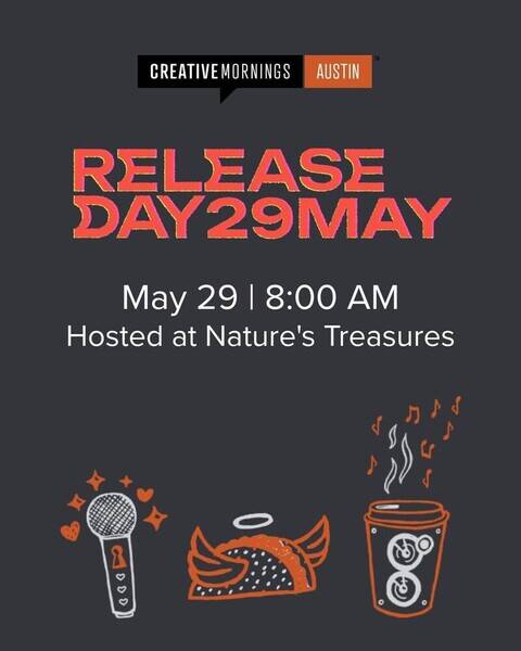 🎤 Instead of one speaker this month, we'll have members of our community presenting their passion projects for this special Release Day event for May’s global CreativeMornings theme CREATE.
📍We’ll be meeting at Nature’s Treasure’s @naturestreasurestexas.
🙌 Our free events are supported by an Elevate grant from the City of Austin’s Arts, Culture, Music and Entertainment division @cityofaustinarts @austintexasgov. 
🎵 We’re able to pay our musicians thanks to Armadillo World Headquarters @armadilloworldheadquarters. 
🎟 Get your free ticket on our site. (Registration opens Monday, May 25th at 11:00 a.m.) 
💌 Subscribe to our newsletter at the link in our bio to be the first to hear about our next event.
💡Get inspired with this month’s hashtag: #CMcreate #CMATX 
Release Day is a @creative.quests & @creativemorning collaboration powered by @Adobe #ReleaseDay2026