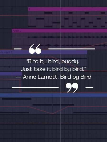 As I slowly work on my demo for #releaseday2026 with just three sleeps left, the track still seems like a total mess, so I'm reminded of Anne Lamott's wonderful advice to writers to just take things 'Bird by Bird'. It applies equally to music production. I see progress each day in each section of the track and even have moments of: ooh that's starting to work there. 

Bird by bird, buddy.