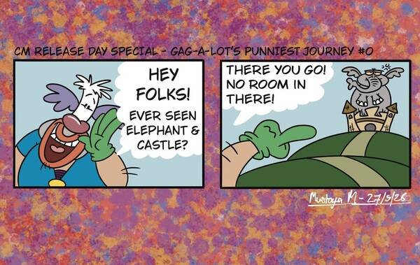 The project that I have just created was my very first comic strip. The reason why I have been creating it because I have comedic skills on puns and wordplay to help me look for an inspiration for my character designing skills.

The process took me under 2 weeks during research, rough sketching, experimenting and finalising my whole idea onto my project.

I am curious to know the outcome of my project but I am very pleased of what I am experienced to do my first comic strip and hopefully I will do more if everybody would like to see more of them someday.

This is the two-panel comic strip that I call "Gag-A-Lot's Punniest Journey". This comic strip features a main character who is a comedic clown who loves to play around with words wherever he goes. He uses fourth wall breaking method to ask the reader what sighting did they saw like "Elephant & Castle" for instance.