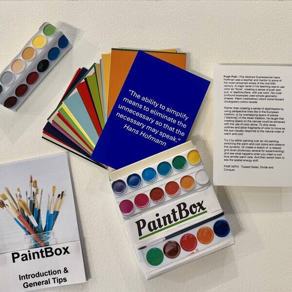 A painter since the '80's, after 9/11 my craving for a closer creative community grew.I couldn’t find one that was a good fit so I taught my friends to be painters. And in the 25 years since then many of them, and more of their friends, have also become professional painters. 
PaintBox is a card deck comprised of those exercise, designed to ignite the creative drivers of the curious. The person who has been enjoying art classes for the first time or the hundredth time. Or for those with the memories of a time in school when art  class was the best hour of the day. It's for those who struggle to start a painting or who are stuck. It is not a “how-to”, but a collection of open doors that encourage the mixing and matching of ideas that can tap the imagination.

Each card is bolstered on one side with meaningful quotations from established creatives set on a beautiful color field. Exercises on the other side contain prompts and brief art-historical references. The deck comes boxed with a booklet containing additional cues and instructions that is small enough to tuck int your travel pouch.

Creating is often a solitary act that also craves company, there are suggestions for starting your own creative community. And a supportive website that will allow for additional sharing. @CreativeMorning, @Creative.Quests, @Adobe #ReleaseDay2026
