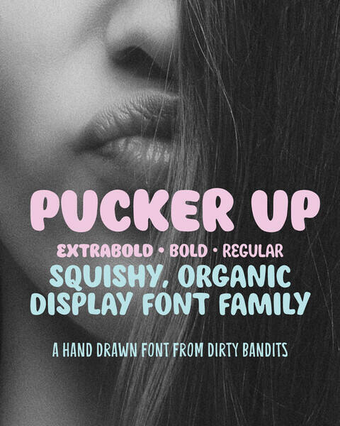 Pucker Up! Now available on behance.net/dirtybandits ⁠
This font is such a vibe—it’s got that perfect "bubble-gum-meets-streetwear" energy. It’s squishy, organic, and definitely feels like it belongs on a vinyl sticker or a vintage candy wrapper.⁠
⁠
Since Pucker Up comes in three weights (Regular, Bold and Extra Bold), your project will have playful, bouncy layouts and with Extra Bold for high-impact, chunky statements. Each letter has an alternate so that your project can always keep an authentic hand drawn feel. ⁠
⁠
#handdrawntype #bubblefont #bubbletype #handdrawnfont #displayfont #posterfont #logofont