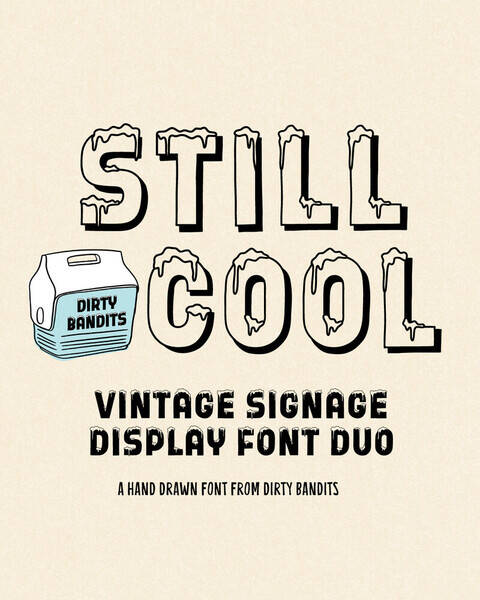 Still Cool is a vintage inspired hand drawn font duo including a solid and outline version. It's an all-caps display family rooted in the authentic charm of hand-drawn sign painting with a distinct human touch. Available in both a bold solid style and an outline version with an integrated drop shadow. It perfectly bridges the gap between time-tested mid-century craftsmanship and a detached, modern aesthetic. ⁠
⁠
Available on behance.net/dirtybandits⁠
⁠
#icycaps #vintagetypography #handdrawntype #handdrawnfont #icyletters #snowcaps #typedesign #bespokefont #boutiquefont #displayfont #signpainterfont