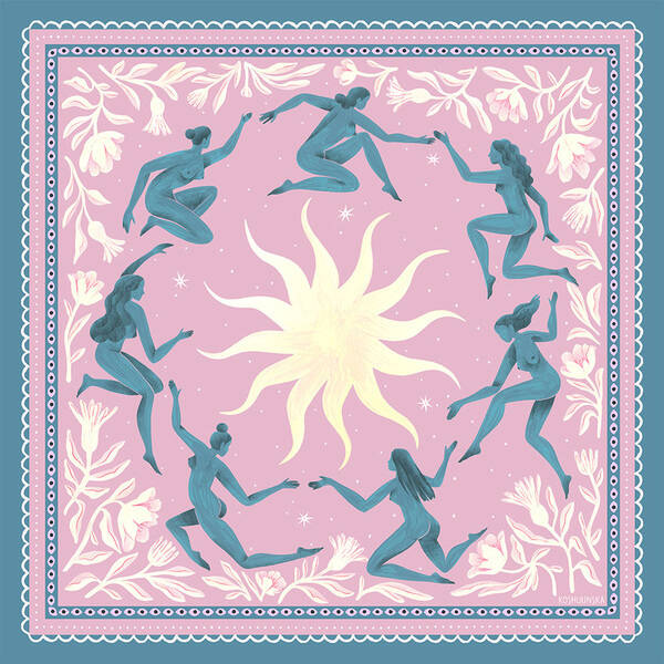 This is illustration created for silk scarf. At the heart of this scarf is the sun — a symbol of warmth, life, and inner strength. Surrounding it are women reaching toward one another, extending their hands to complete a circle.
For me, this design is a reflection of sisterhood. It speaks of a space where there is no competition, only support. A space where one woman can become a safe haven for another, a witness to her growth, her struggles, and her joy.
The circle symbolizes connection, unity, and continuity. It reminds us that our strength is born not only from within but also from the bonds we create with one another.
Sisterhood is a celebration of the warmth of female community, of the light we carry inside ourselves, and of how that light grows brighter when we choose support over rivalry, collaboration over competition, and trust over fear.
Because a woman is not another woman's competitor.
She can be her shelter, her strength, and her sun.