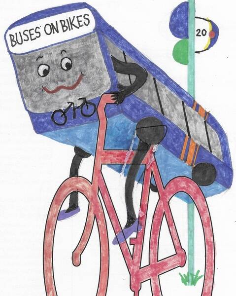 I entered the contest to design/illustrate the arrows on the street pavement for bike lanes. I am a public transit fan and appreciate that buses carry bikes, so my bike (on the template) carries a bus!