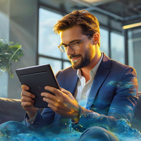 Man engaged with tablet in modern office setting