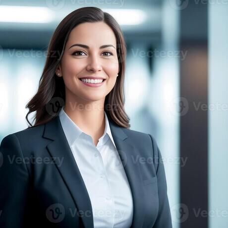 Portrait of beautiful young business woman in suit looking at camera and smiling while standing in office ai generative photo