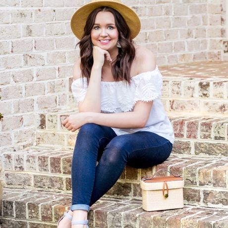Striped sandals white lace off the shoulder top straw bag boater hat