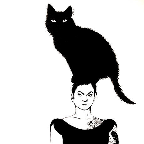 Self portrait with cat in black ink