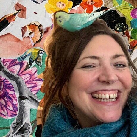 Profile bird on head with collage